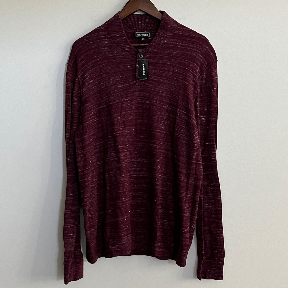 Express Mens XL Henley Sweater Maroon Space Dye Long Sleeve Mock Neck NWT